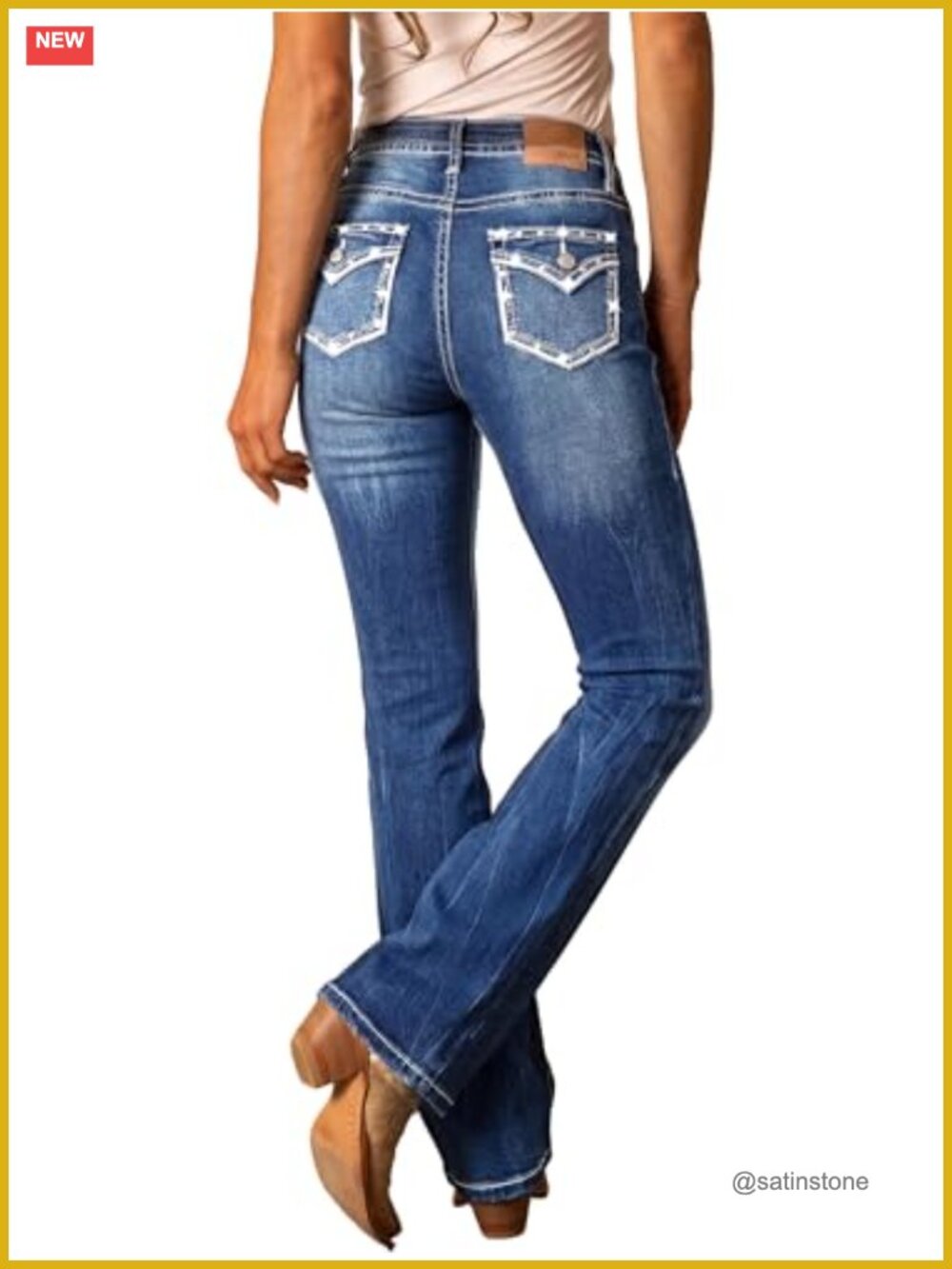 Mid Rise Bootcut Jeans Rhinestone Embroidered Stretchy Denim Western Pants